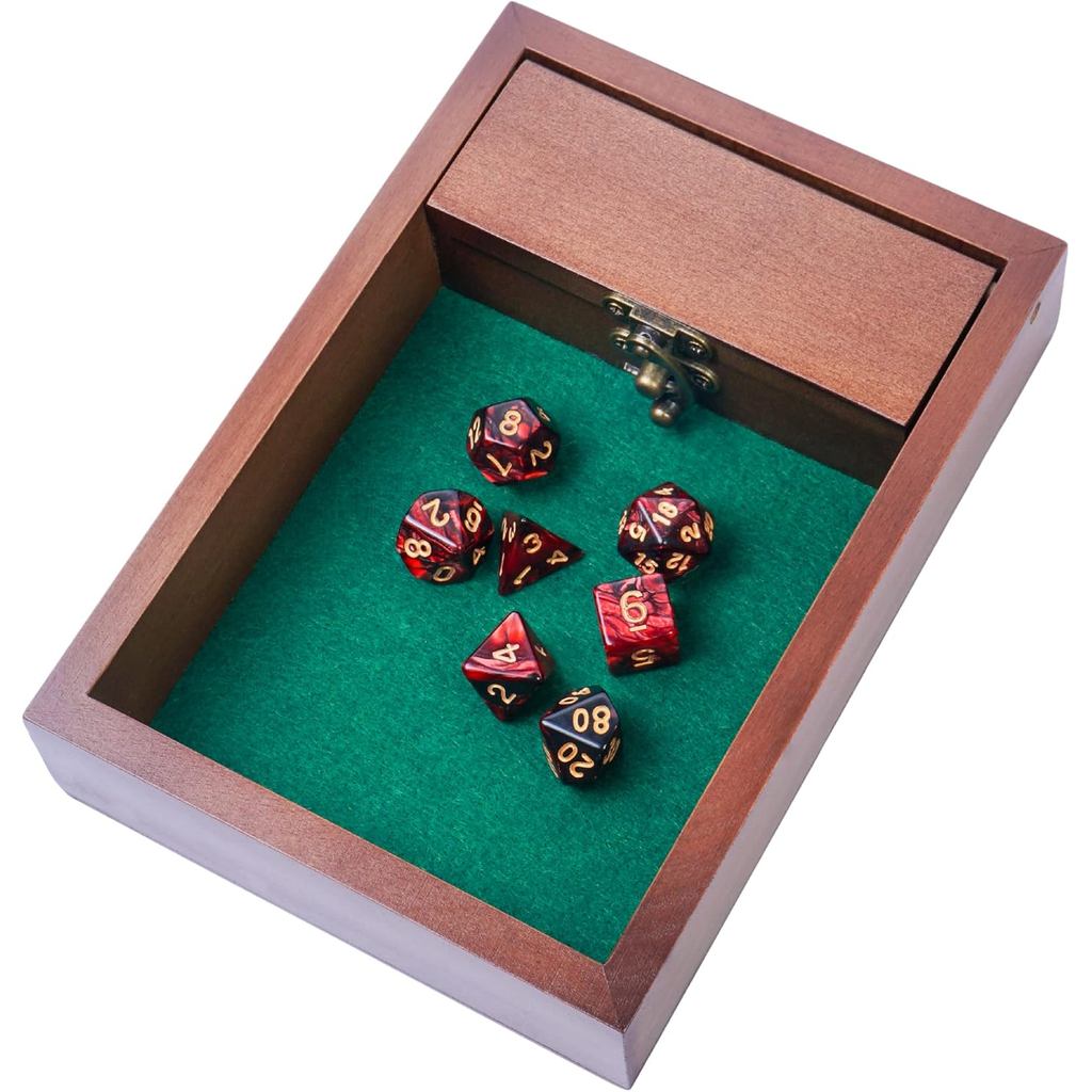 ถาดกลิ้งลูกเต๋า D&D ไม้พร้อมห้องเก็บของลูกเต๋า Vault | สลักโลหะ Secures ฝาปิดสําหรับเดินทาง | ของขวั