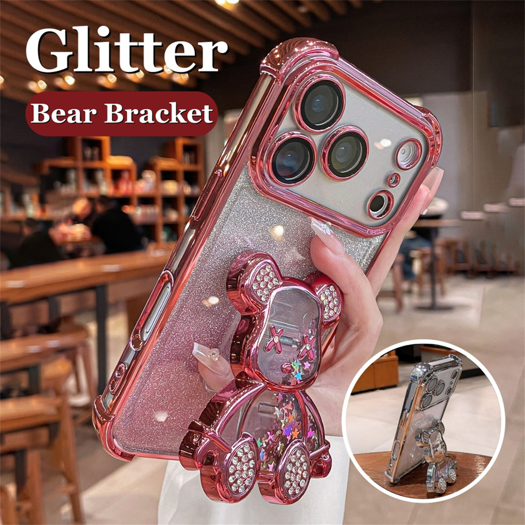 Glitter Gradient Bear Bracketเคสโทรศัพท์สําหรับIPhone 17 Pro Max 13 14 15 16 Pro Maxปลอกแข็งชุบฝาครอบกันกระแทก