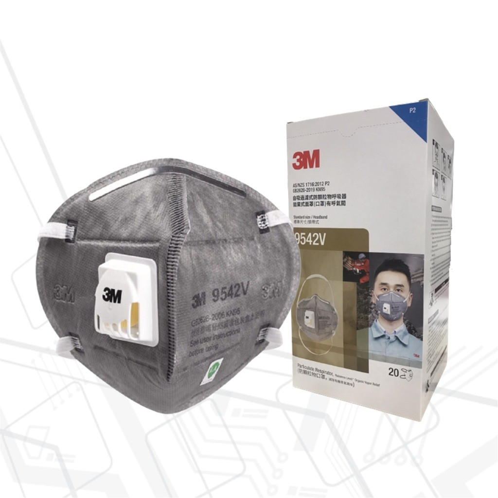 3M™ 9542V หน้ากากคาร์บอน แบบคาดศรีษะ มีวาล์ว มาตรฐาน P2, 20 ชิ้น/กล่อง