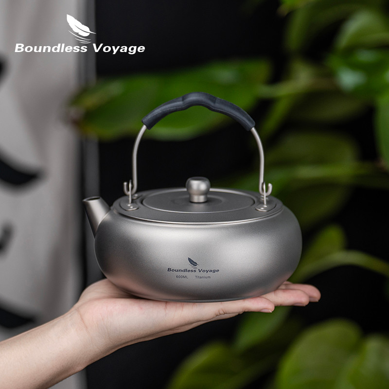Boundless Voyage 600ml กาต้มน้ําตั้งแคมป์แบบพกพาไทเทเนียมหม้อชาน้ําหนักเบาเครื่องครัวกลางแจ้งสําหรับแบกเป้เดินป่า Ti-3105D