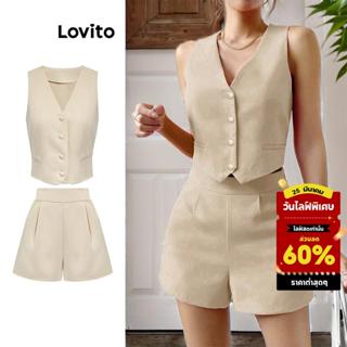 Lovito กางเกงขาสั้นหรูหราตั้งเสื้อสายเดี่ยวกระเป๋าหน้าปุ่มธร…