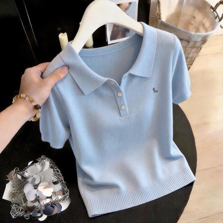 ฤดูร้อนใหม่สําหรับผู้หญิงขนาดใหญ่โปโลคอแขนสั้นเสื้อยืด|เสื้อถักสีทึบบางรูปแบบกระบอกตรงเพื่อปกปิดเนื้อและผอมบางเสื้อแฟชั่นสําหรับการเดินทางสบาย ๆ น้องสาวอ้วน