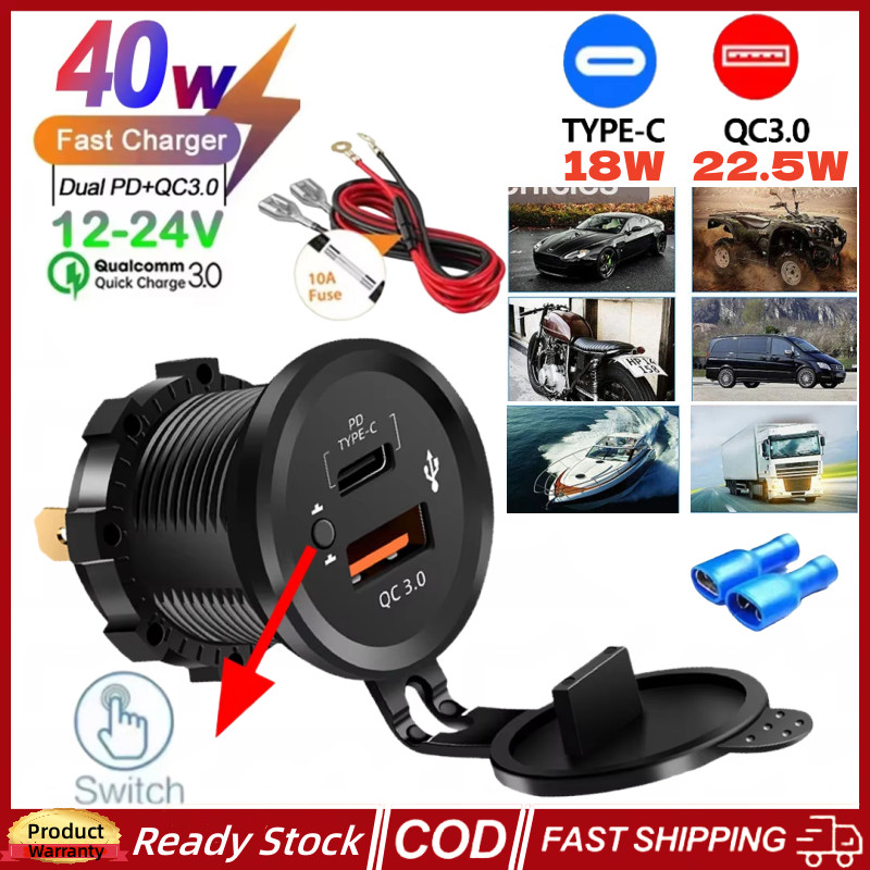 (จัดส่งภายใน 12H) PD30W QC3.0 USB Car Fast Charger Socket พร้อมสวิทช์เปิด/ปิดกันน้ํา Power Outlet Adapter สําหรับ 12 V/24 V รถ ATV เรือรถบรรทุก