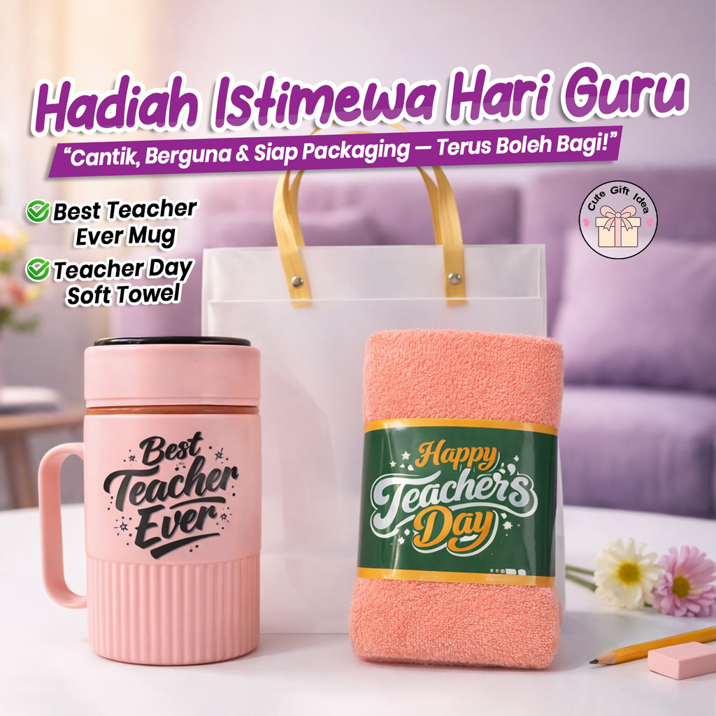 VCR Teacher Day Set Mug Towel Bag Best Teacher Ever Present Hari Guru Hadiah Cikgu