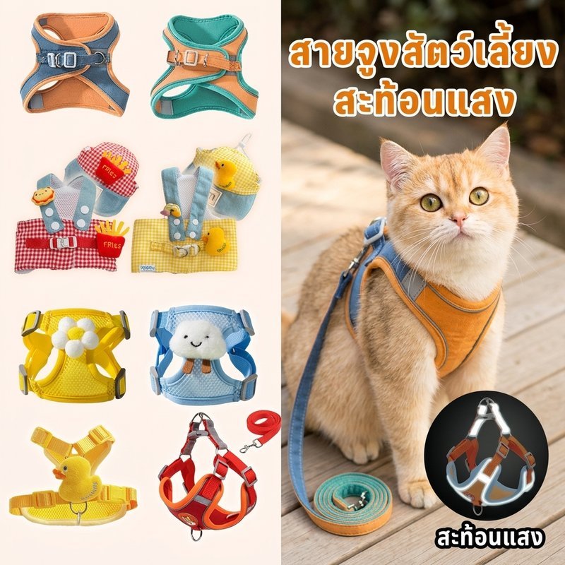 สายจูงสัตว์เลี้ยง ปลอกคอแมว สายรัดอกแมว ปรับขนาดได้ แถบสะท้อนแสง ผ้านุ่มไม่แพ้ ใช้ได้ทั้งหมาและแมว