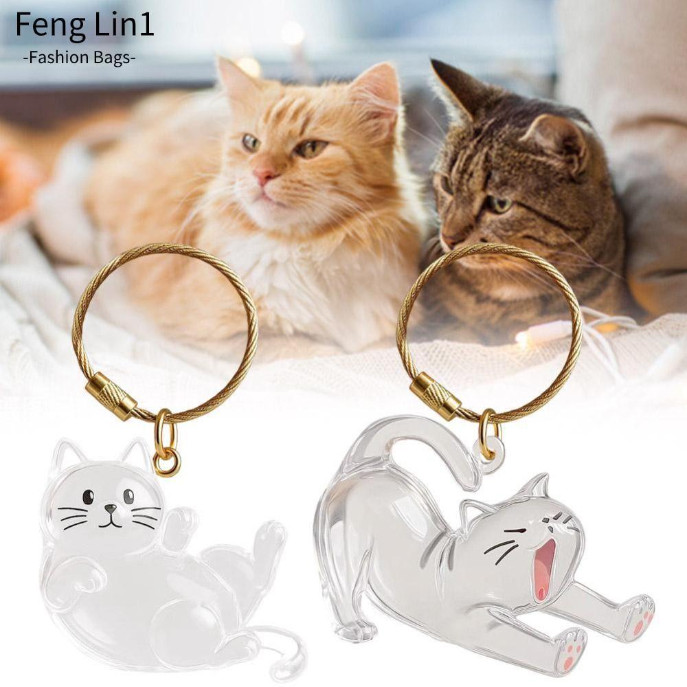 FLIN พวงกุญแจเก็บขนแมว, ของขวัญ DIY ตกแต่งสัตว์เลี้ยงขนสัตว์ Keepsake แคปซูล, น่ารักใสแมวรูปร่างพวงกุญแจสัตว์เลี้ยง Mementos
