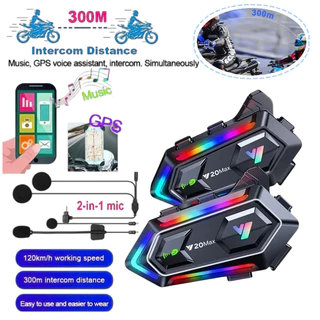 บลูทูธติดหมวกกันน็อครุ่น Y20 MAX เวอร์ชันบลูทูธ 5.3 อินเตอร์คอมพร้อมไฟ RGB แบตเตอรี่ 1000mAh สําหรับนักขี่มอเตอร์ไซค์