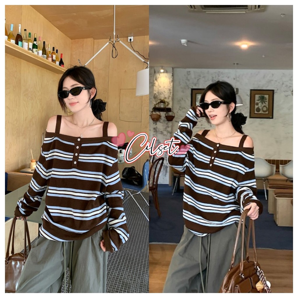 Cilset🌸พร้อมส่ง🌸เสื้อเปิดไหล่ลายทางสีน้ำตาล แขนยาวสไตล์เกาหลี ใส่สบาย ไซส์พอดีตัว  FY5088