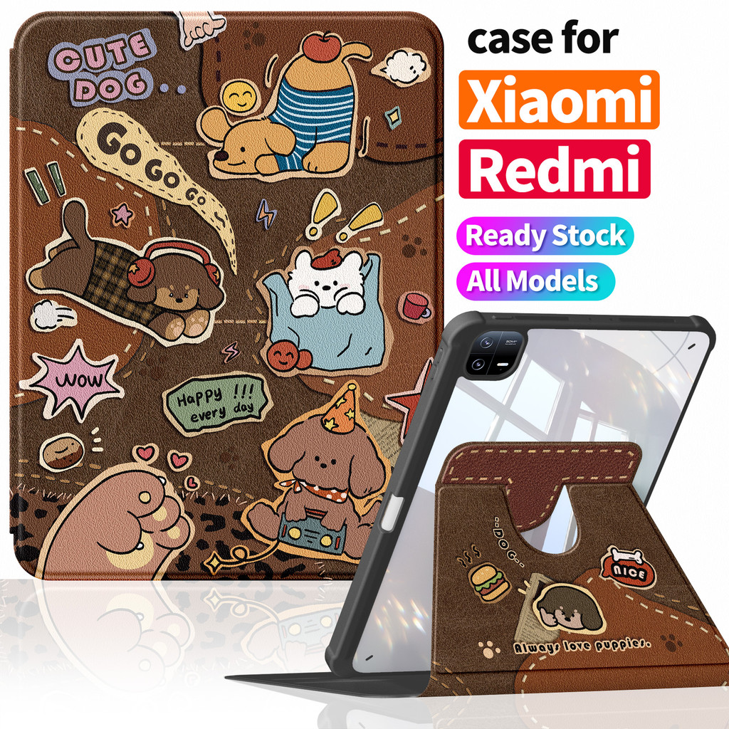 เหมาะสําหรับ Redmi Pad Pro 12.1 / POCO Pad / Xiaomi Pad 7/8 / Pad 6s Pro 12.4 เคสป้องกันใส ดีไซน์กราฟฟิตีน่ารัก + แบ็คเพลนแข็ง รองรับแนวตั้งแนวนอน 360° A1434 หนังลูกสุนัข