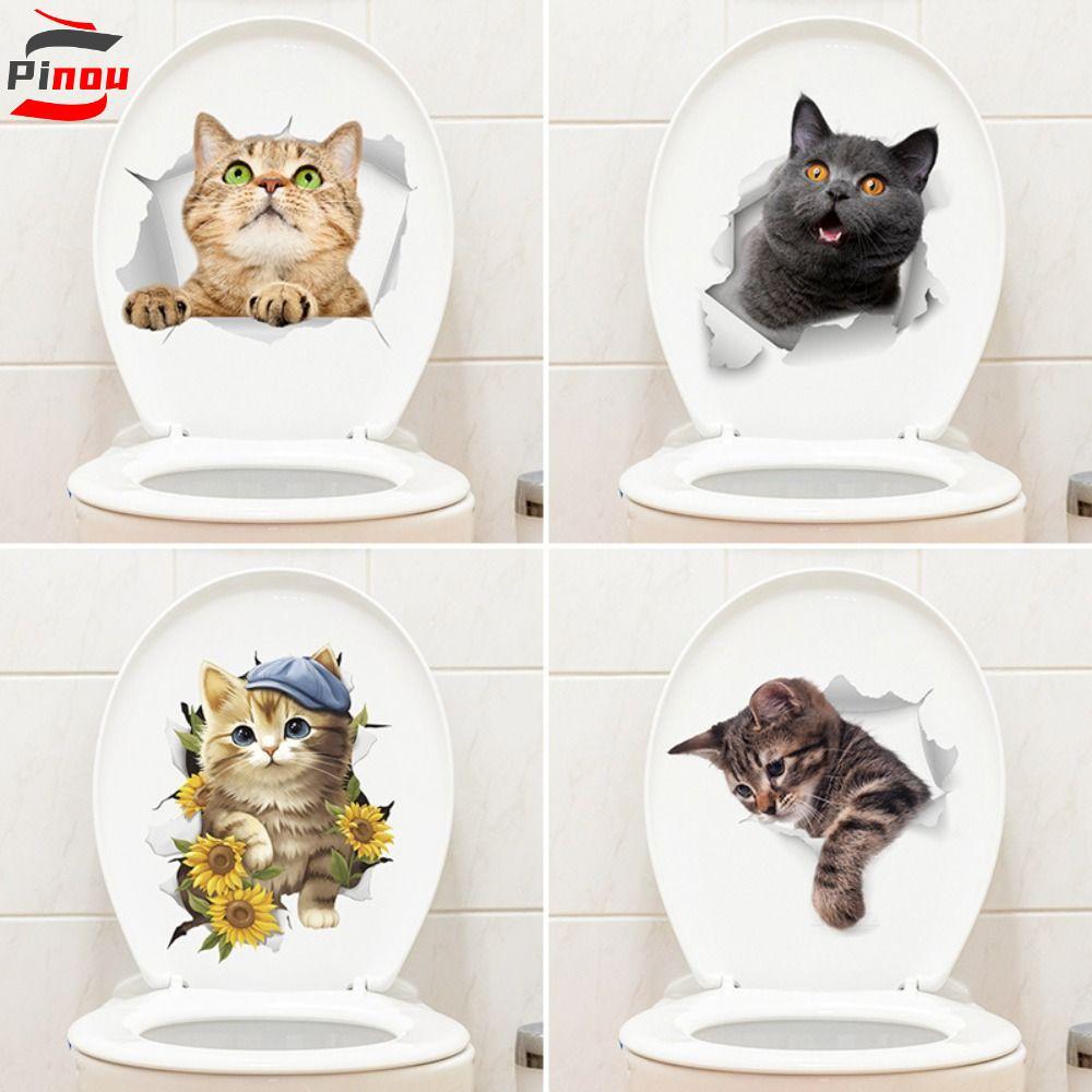 PINOU สติ๊กเกอร์ติดห้องน้ําแมว, DIY 3D Cat Wall Decal, หลายรูปแบบ Self-กาวน่ารักกันน้ําที่นั่งชักโครกรูปลอกที่นั่งชักโครก