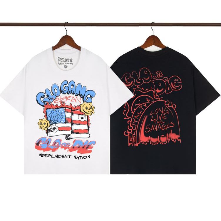 เสื้อยืดพร้อมภาพวาด GloGang ไซส์ใหญ่สีดำ พิมพ์ลายธงชาติอเมริกัน ในสไตล์สตรีทแวร์และฮิปฮอป "Glo หรือ 