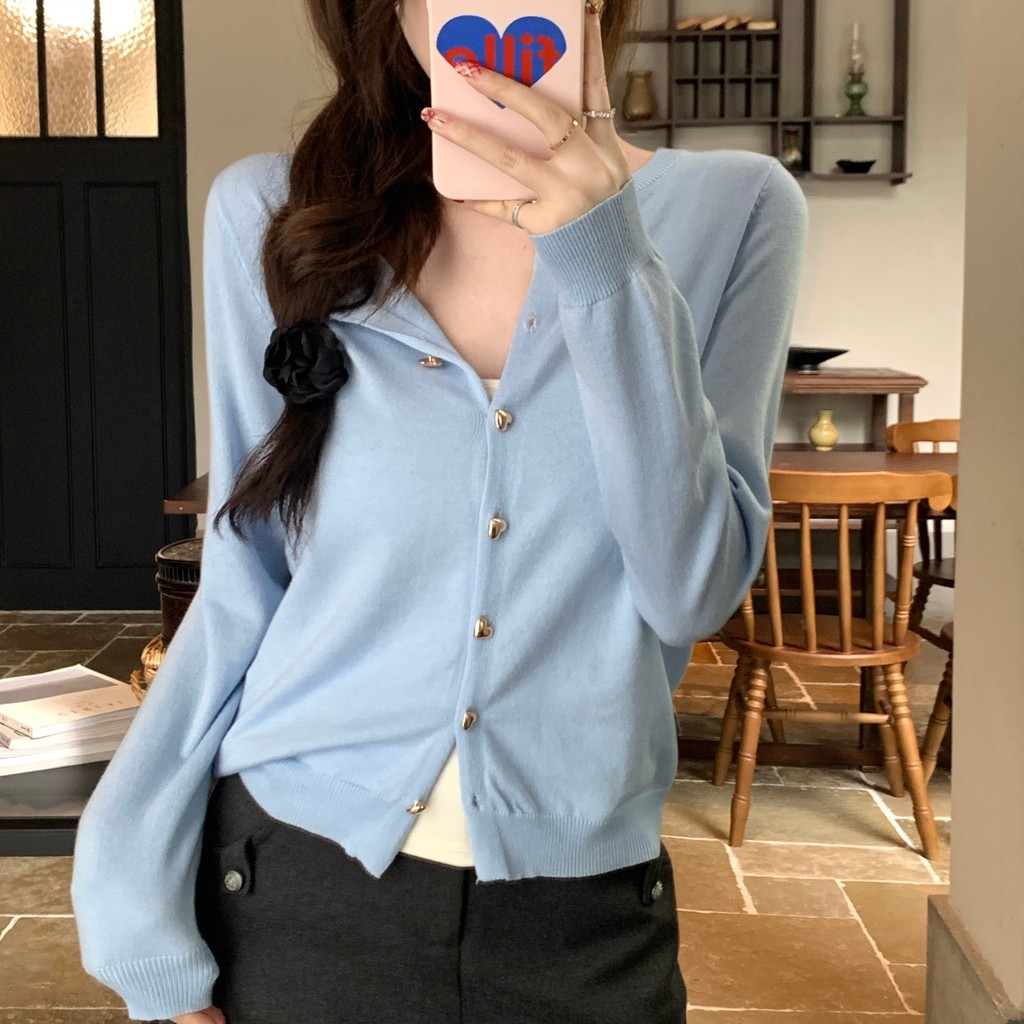 Chili Koko ฤดูใบไม้ร่วงใหม่สไตล์ถัก เสื้อคลุมคาร์ดิแกนทรงคอกลมแต่งกระดุมทองแขนยาว มี 8 สี 88010