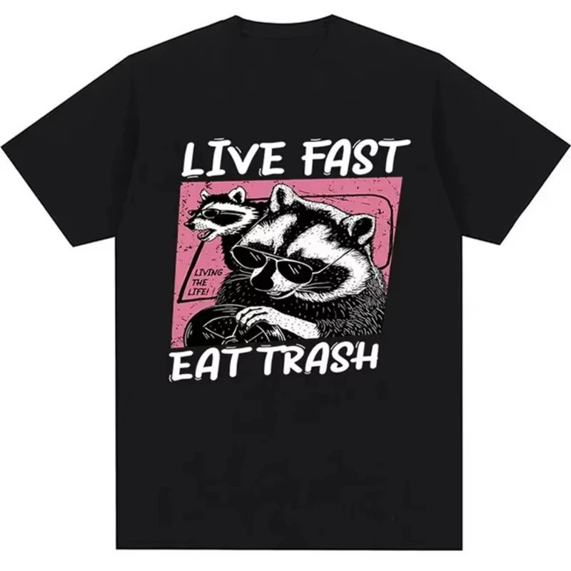 COD 2026Stylish Live Fast Eatถังขยะผู้ชายเสื้อยืดการ์ตูนตลกRaccoonเสื้อยืดผู้หญิงCamisas Hombreหญิงส