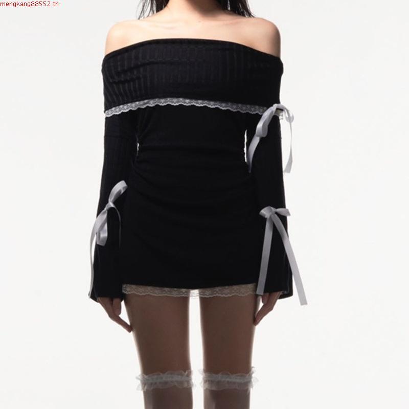 NZN อารมณ์ฝรั่งเศสลูกไม้เย็บไหล่ตรงสีดําแขนยาวชุดผู้หญิงเซ็กซี่แขนกระดิ่งกระโปรงสะโพก