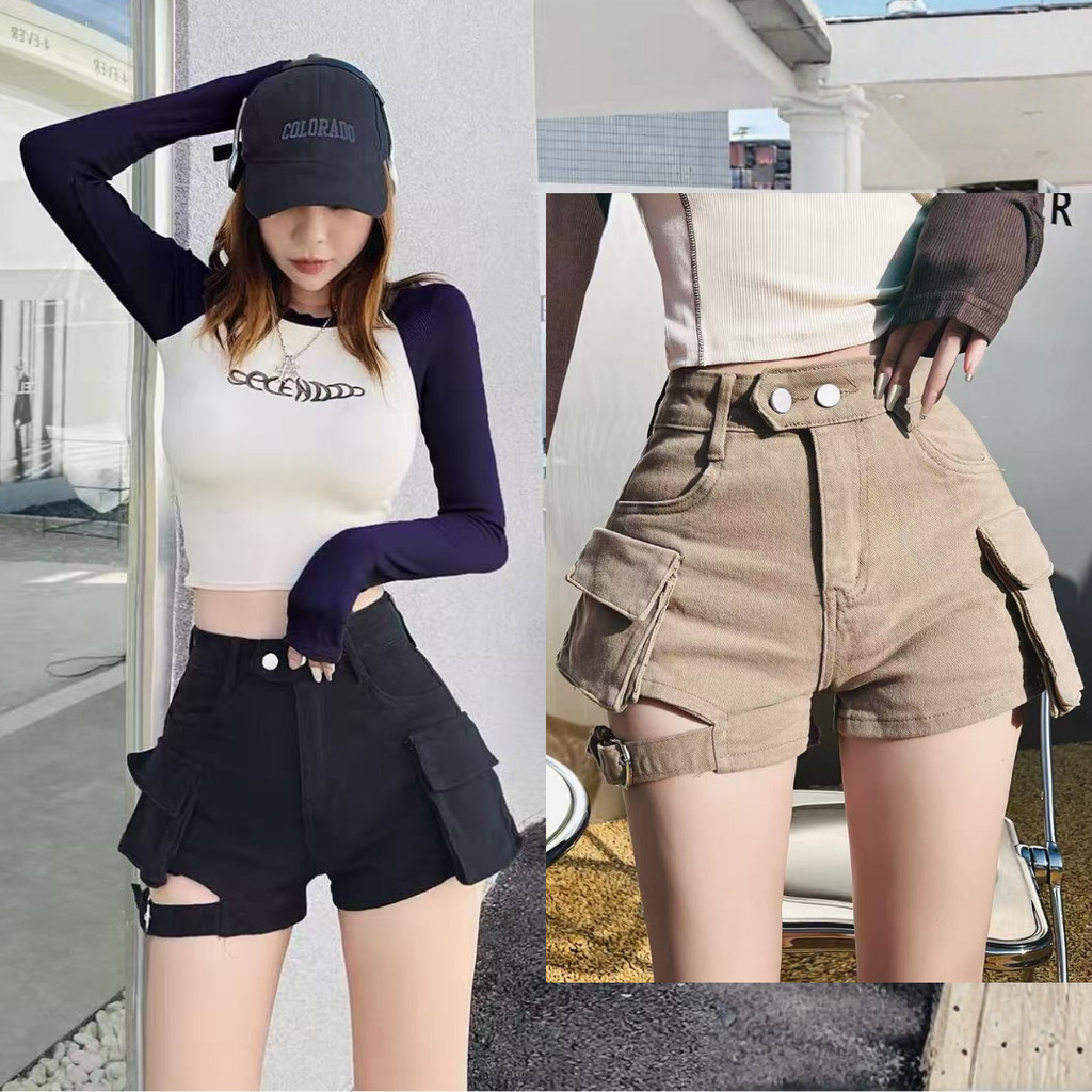 RosieMall กางเกงยีนส์ขาสั้นเอวสูงรุ่นใหม่ การออกแบบกระดุมคู่ มีให้เลือก 2 สี กางเกงยีนส์ขาสั้นแฟชั่น