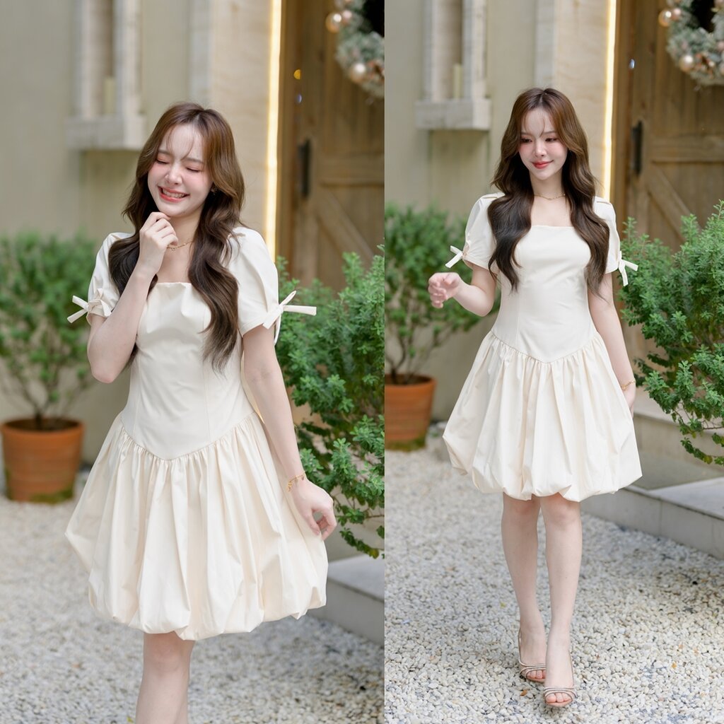 Blaire Balloon Dress : สีครีมอ่อน [Made by Pastel Time]