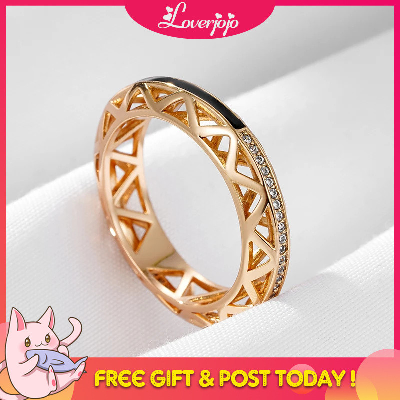 Loverjojo Wbmqda 585 Rose Gold สีเคลือบสีดํารอบ Hoop แหวนเพทายสําหรับผู้หญิงแฟชั่นใหม่ออกแบบทุกวันจั