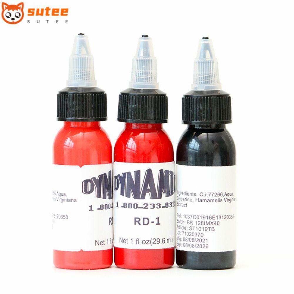 SUTEE Tattoo Ink ขนาด 30ml สำหรับฝึกหัดและใช้งานจริง มีหลากหลายสีให้เลือก เช่น ดำ, สีน้ำตาล, ม่วง, ชมพู, แดง, เขียว, ขาว, และสีฟ้า