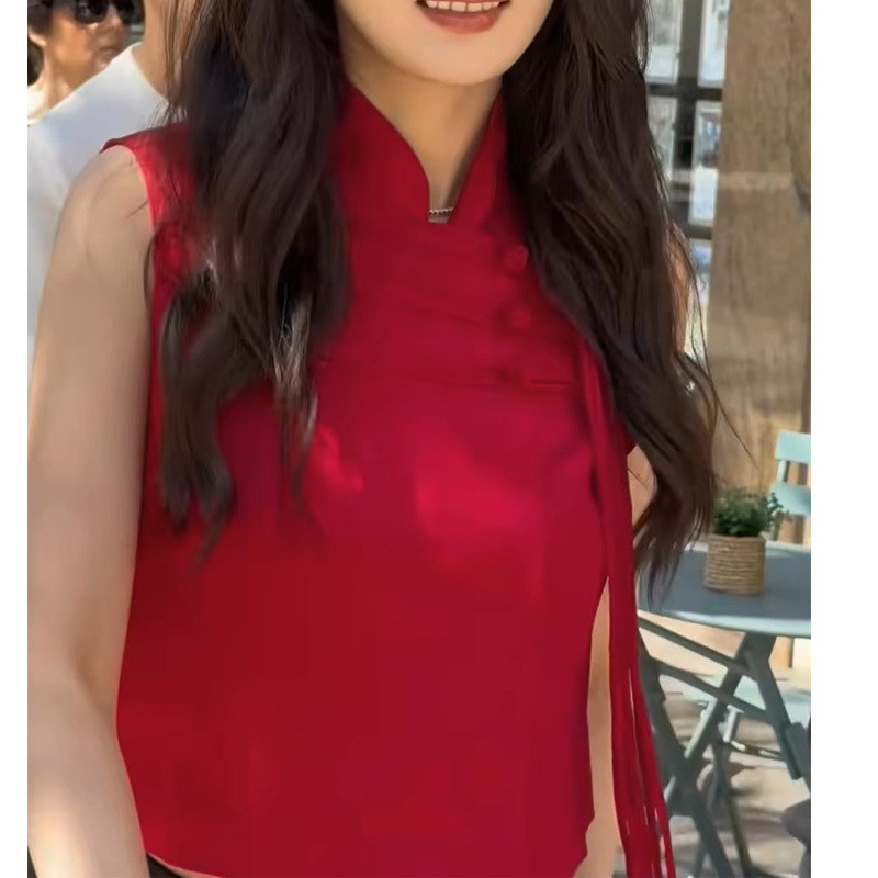Yang Mi เสื้อกั๊กสไตล์ใหม่ Yang Mi ใหม่สไตล์จีน Zen เสื้อกั๊กสีแดงสําหรับ Summershiuttw1my20260124