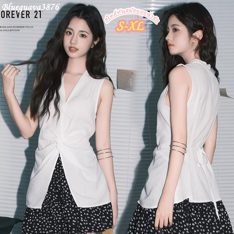 99157  เสื้อกั๊กผ้าลินินแขนกุดคอวีผูกปมสำหรับผู้หญิง ทรงเข้ารูป เหมาะสำหรับฤดูร้อน มีสีดำและสีขาวให้เลือก
