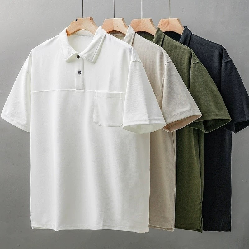 Chaistyle เสื้อโปโลสไตล์ญี่ปุ่น แขนสั้นวาฟเฟิลด์ มีกระเป๋า แฟชั่นเรียบง่าย ลำลองทรงหลวม