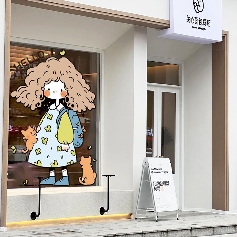 การ์ตูนน่ารักสาวสติกเกอร์แก้วเครื่องแต่งกายร้านเค้กหน้าต่างกระจกประตูสติกเกอร์