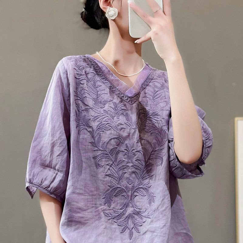 ใหม่สีทึบผ้าฝ้ายปัก V คอครึ่ง sle 新款艺色棉短袖衬衫妈妈妈妈妈妈妈妈妈妈妈妈妈上衣128SD