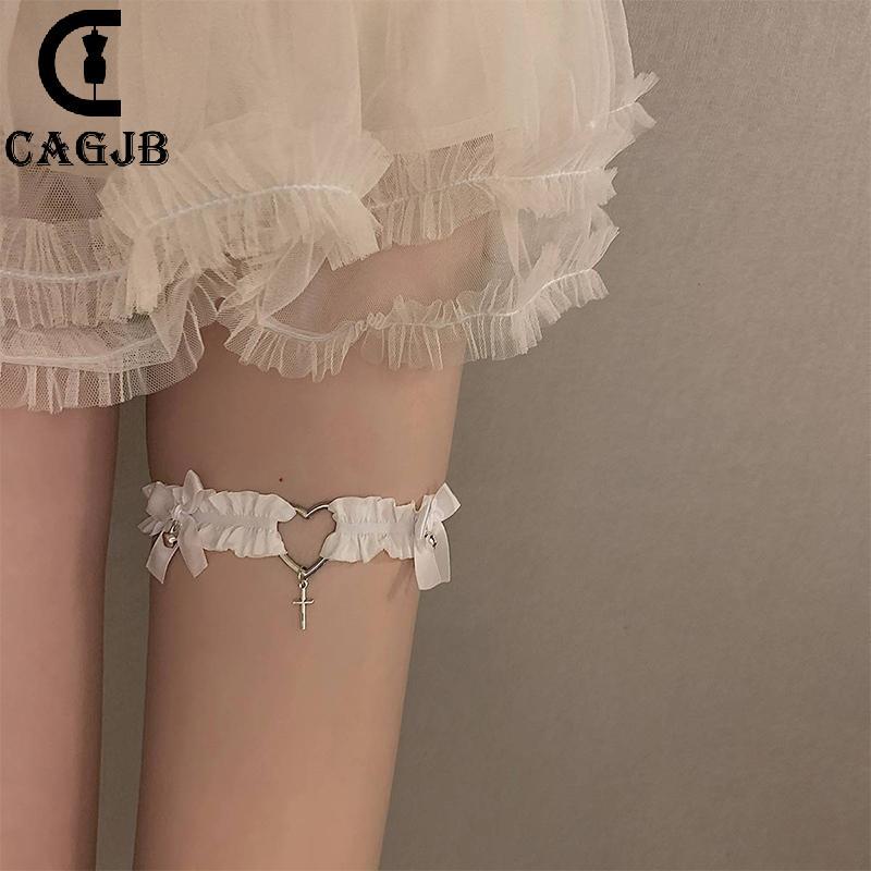 [CAGJB] Gothic Lace Garter เข็มขัดหัวใจ Bowknot Cross Lolita ขา Garters Bla สีขาวยืดหยุ่น Choker ผู้