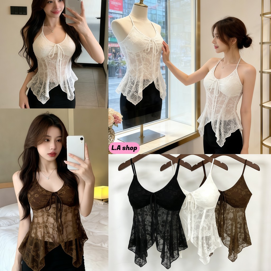 L.A Shop★เสื้อคุณภาพดี เสื้อแฟชั่นผู้หญิง เสื้อแขนกุด ฉลุลาย ทรงรัดพอดี ผ้าลูกไม้-FY10169