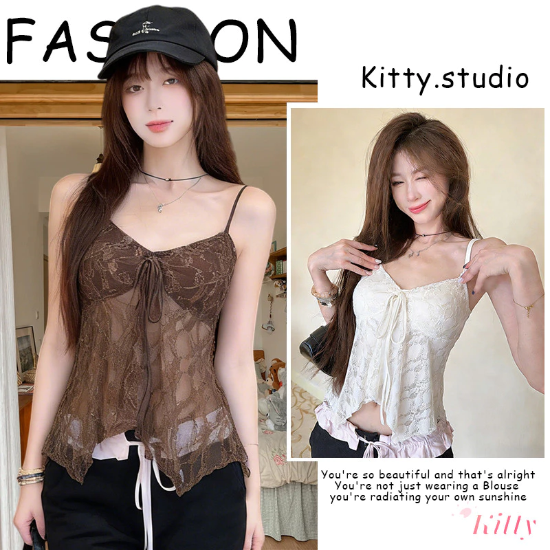 Kitty พร้อมส่ง🌸เสื้อ สายเดียว🌸ผ้าลูกไม้ คอวี ดีไซน์โบว์ น่ารัก เสริมฟองน้ำ แขนกุด เสื้อครอป ทรงเข้ารูป สไตล์สาวฮอต
