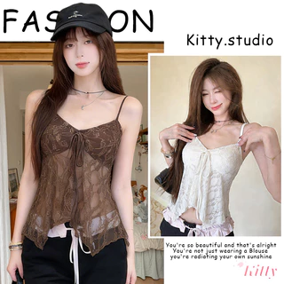Kitty พร้อมส่ง🌸เสื้อ สายเดียว🌸ผ้าลูกไม้ คอวี ดีไซน์โบว์ น่ารัก เสริมฟองน้ำ แขนกุด เสื้อครอป ทรงเข้ารูป สไตล์สาวฮอต