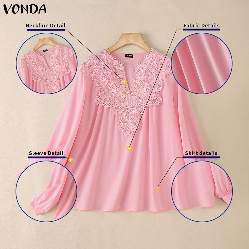 VONDA เสื้อลาย_patchwork_แขนลูกไม้ สไตล์เกาหลีอ่อนโยน สำหรับผู้หญิง — صورة 7