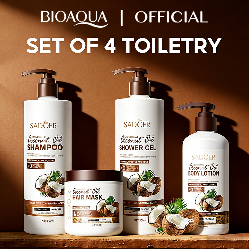 BIOAOUA (ขายดี) เซ็ตมะพร้าวสุดคุ้ม แชมพู+มาสก์ผม+โฟมล้างตัว+โลชั่น 4 ชิ้น | ให้ผมนุ่มสลวย ผิวชุ่มชื้น กลิ่นหอมสดชื่น | ลดราคาพิเศษ+ของแถม