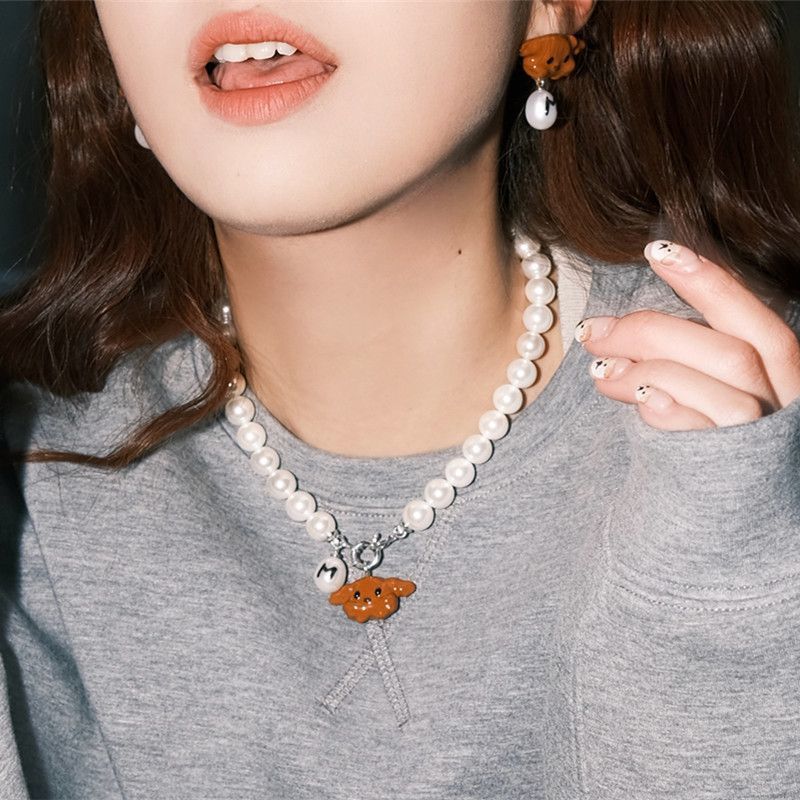 [miaom] Letter Pearl Puppy Necklace Brown Merad All-Match Jewelry Short Necklace