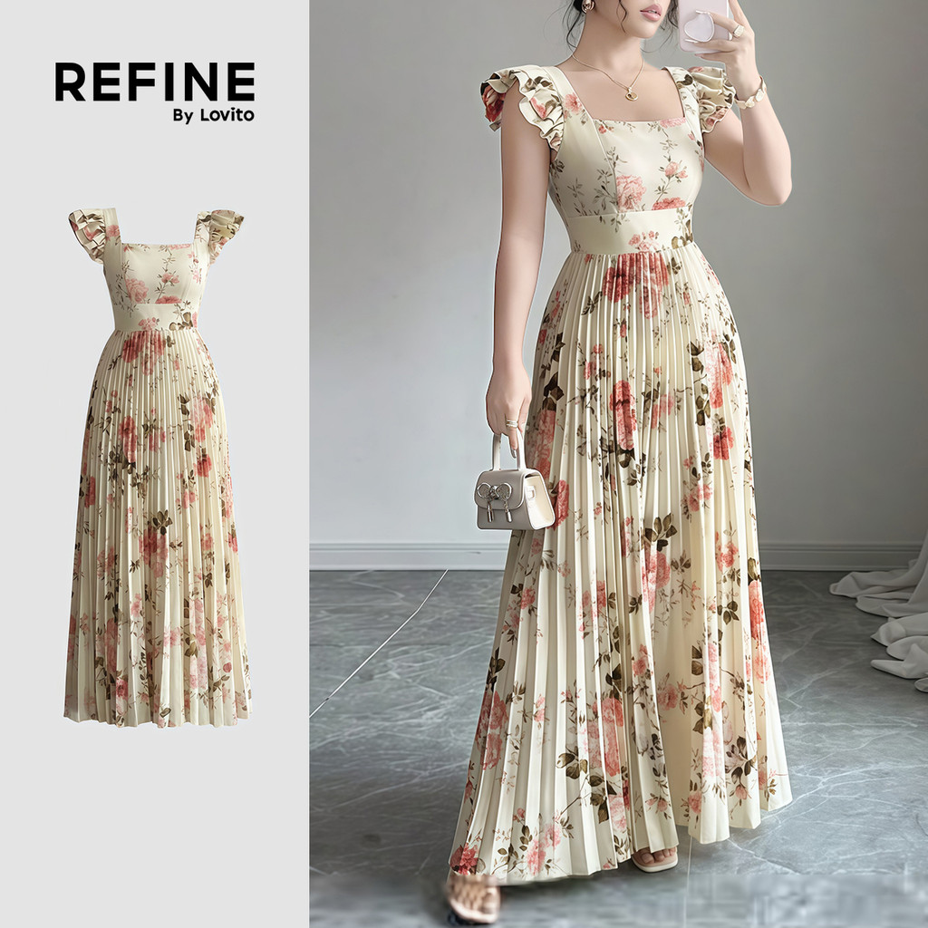 (NEW) (Lovito Refine)  แพทเทิร์นชุดเดรสผู้หญิงแบบลําลอง กระโปรงจับจีบ สําหรับฤดูใบไม้ผลิ/ฤดูร้อน LR32E042