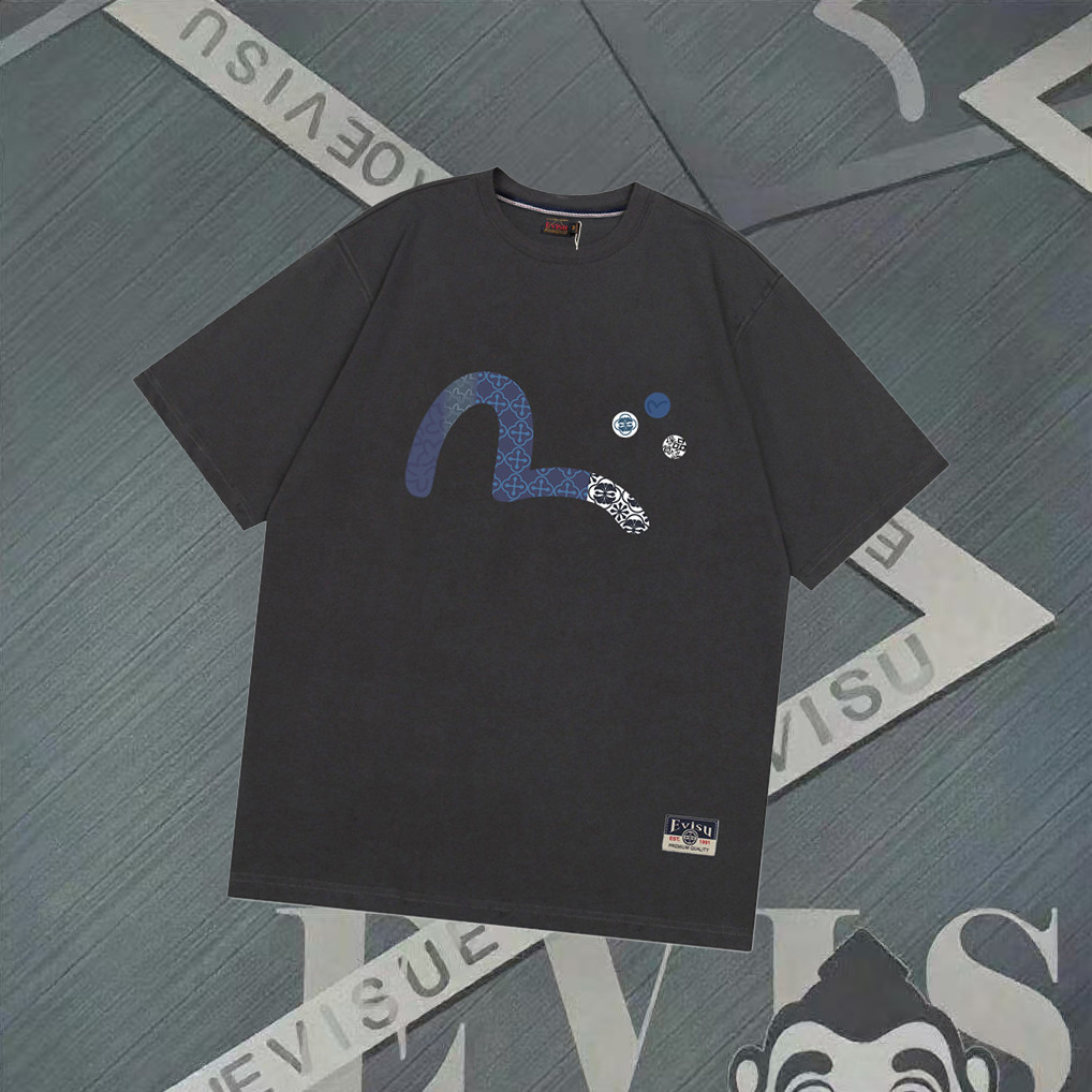 เสื้อยืดรอบคอมือสองแขนสั้น Evisu God of Fortune สำหรับผู้ชาย ฤดูใบไม้ร่วง