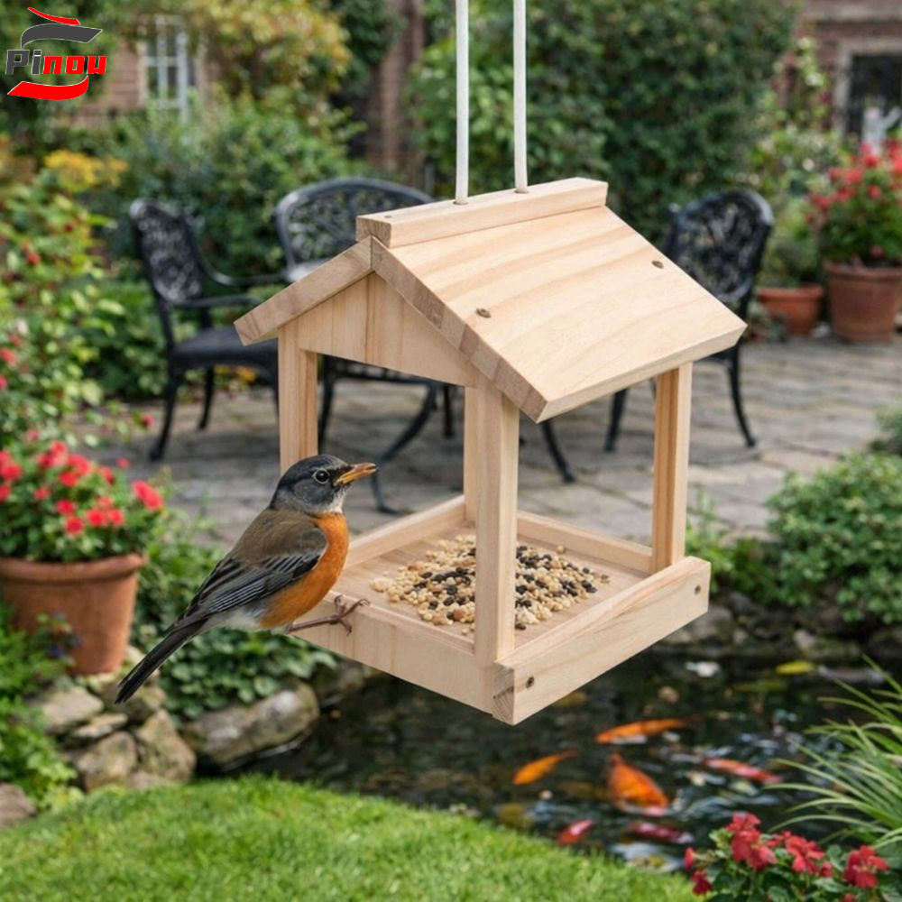PINOU บ้านป้อนนก, ไม้ Rustic Hummingbird Feeders, รังนกสวมใส่กัดทนสบายแขวน Birdhouse Porch