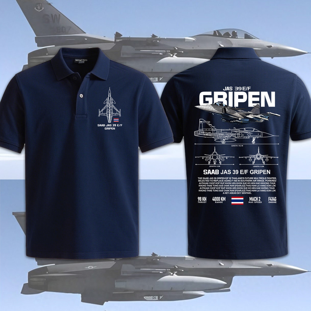 ✈️เครื่องบินรบกริพเพน Saab JAS 39 E/F เสื้อโปโลผ้าฝ้ายพิมพ์ลาย มีให้เลือกสีดำ ขาว แดง และน้ำเงินเข้ม มีไซส์ S-3XL