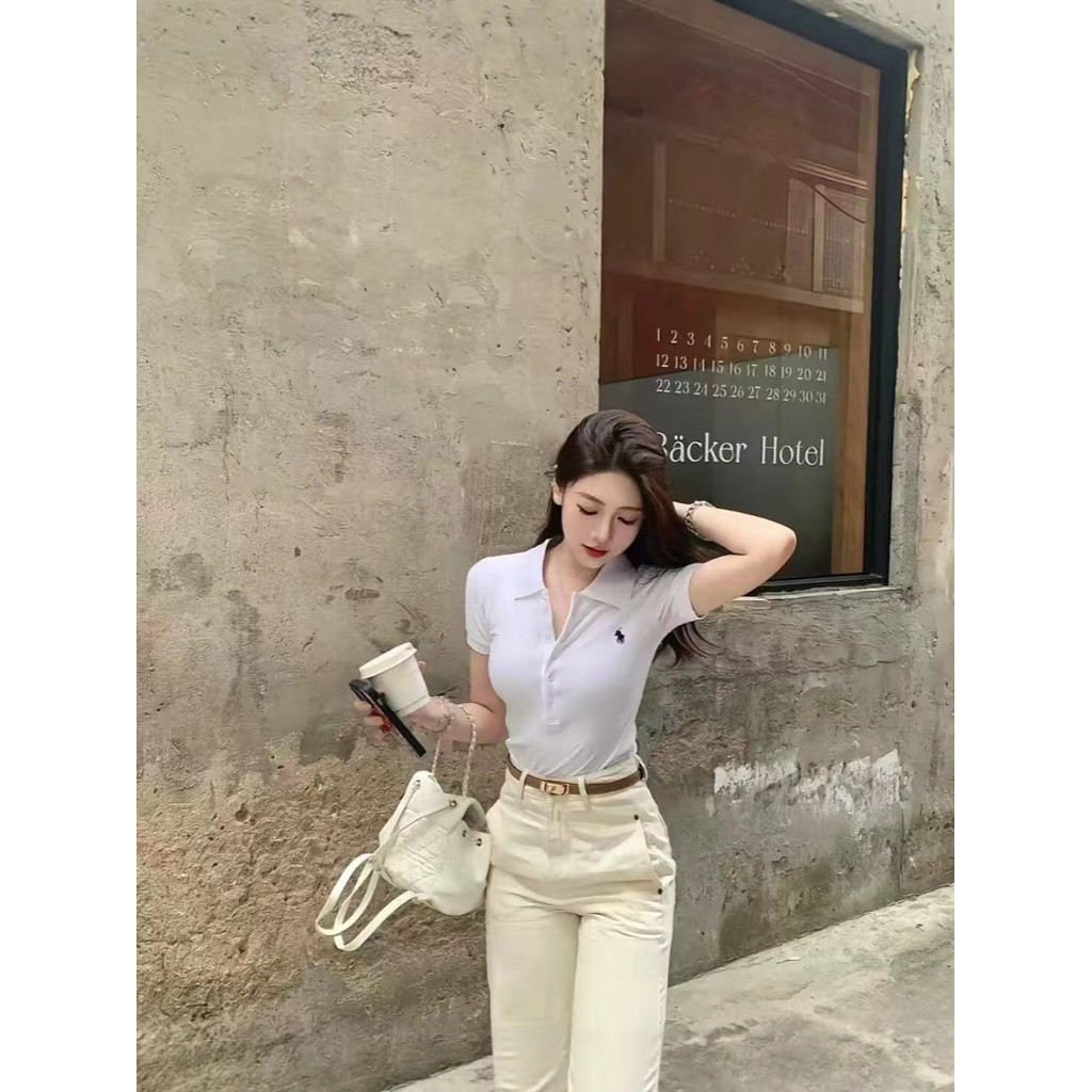 PJ9H RL* 25s Pony embroidered five-button lapel POLO Women's short-sleeved shirt T Slim Fit Shirt