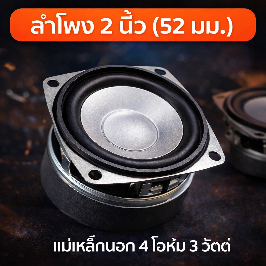 ลำโพงสี่เหลี่ยม 2 นิ้ว (52 มม.) แม่เหล็กนอก สีดำ สำหรับลำโพงบลูทูธ 4 โอห์ม 3 วัตต์