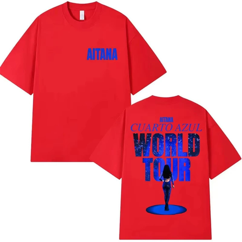 2026 ฤดูใบไม้ผลิ_ เสื้อยืดคอตตอนสไตล์เรโทรสำหรับแฟนฮิปฮอปชายหญิง Aitana Cuarto Azul World Tour, เสื้