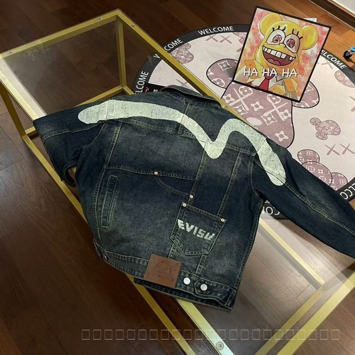 2026 new evisu Home Flower Letter Seagull Frayed Big M Lapel Denim Jacket Coat