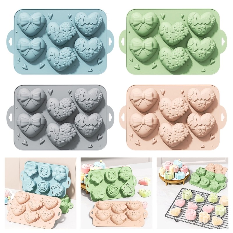 smile* Nonstick 6 Cavity Heart Shape แม่พิมพ์เค้กเค้กเบเกอรี่ Pan เนื้อซิลิโคนเหมาะสําหรับเตาอบตู้แช