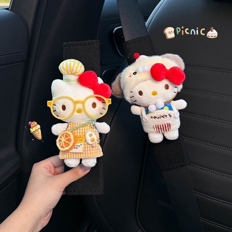 รถที่นั่งเข็มขัดไหล่ปกรถภายในเข็มขัดนิรภัย Hello Kitty ตกแต่ง Anti-Abrasion เสื้อผ้าคู่คู่หญิง