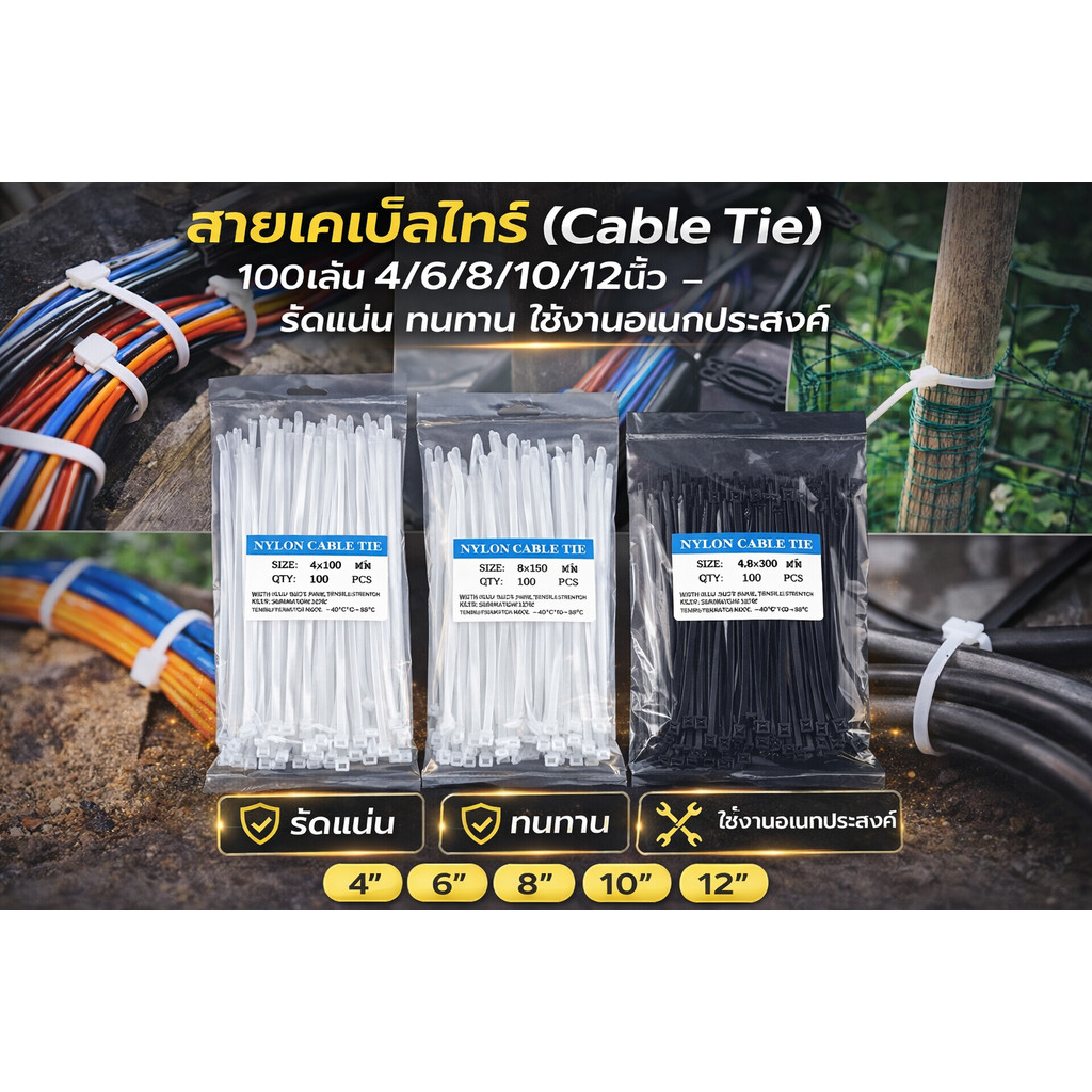 สายเคเบิ้ลไทร์ (Cable Tie) 100เส้น 4/6/8/10/12นิ้ว – รัดแน่น ทนทาน ใช้งานอเนกประสงค์