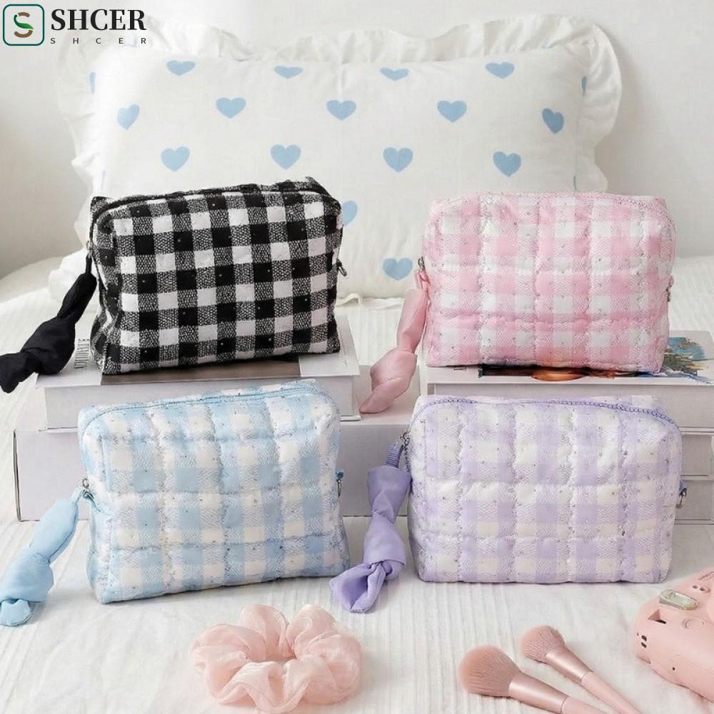 SHCER กระเป๋าเครื่องสําอางลายตารางหมากรุกความจุขนาดใหญ่กระเป๋าแต่งหน้า, Washbag High Beauty Score สไ