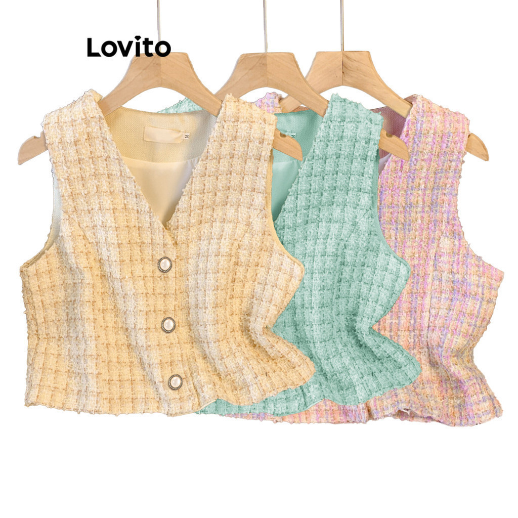 Lovito เสื้อกล้ามลําลองเสื้อกล้ามด้านหน้ากระดุมผ้าทวีตธรรมดาสําหรับผู้หญิง L74ED251 (หลากสี)