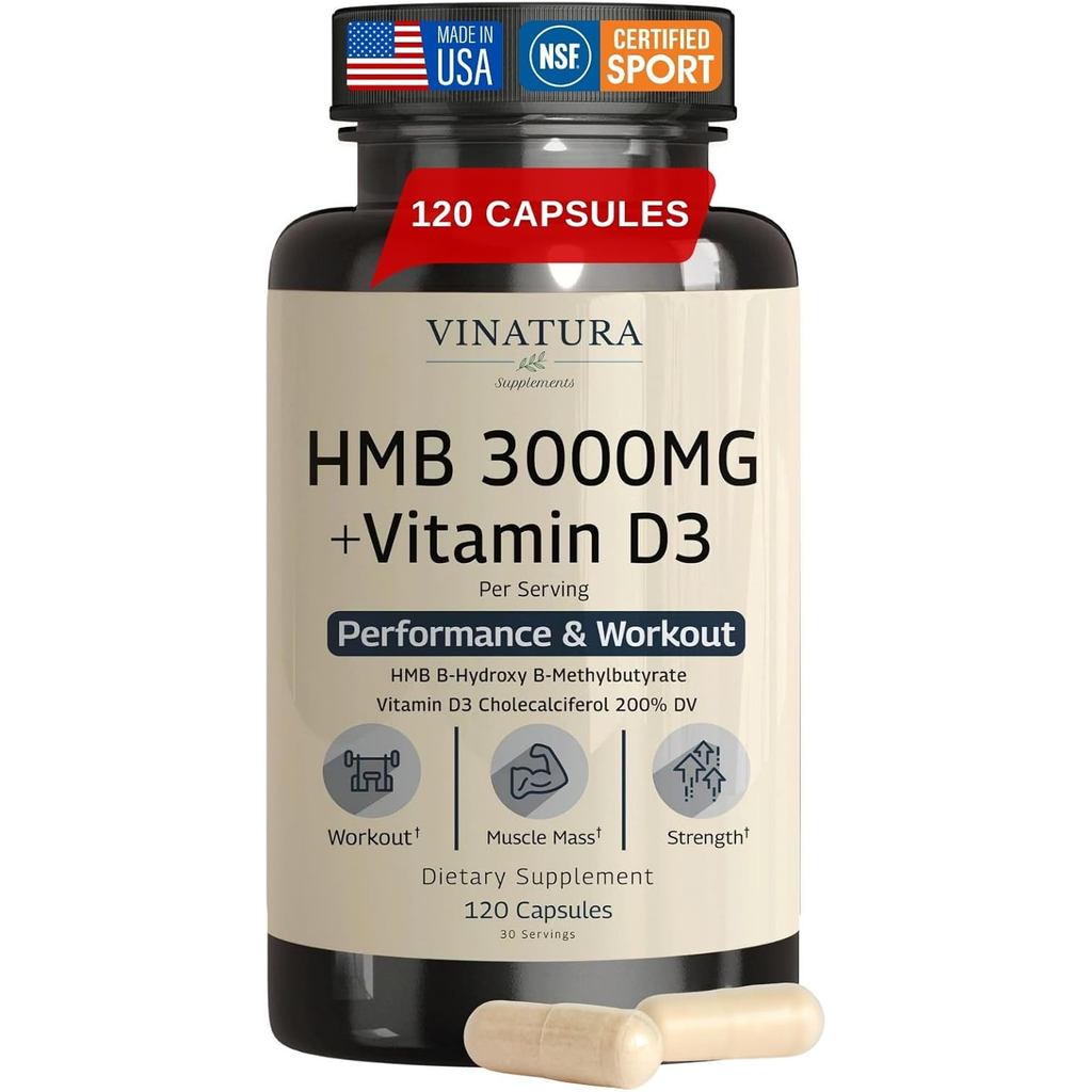 VINATURA HMB 3000mg และวิตามิน D3 อาหารเสริมแคปซูลต่อเสิร์ฟ *USA Made & Test* ส่งเสริม Growth & Reco