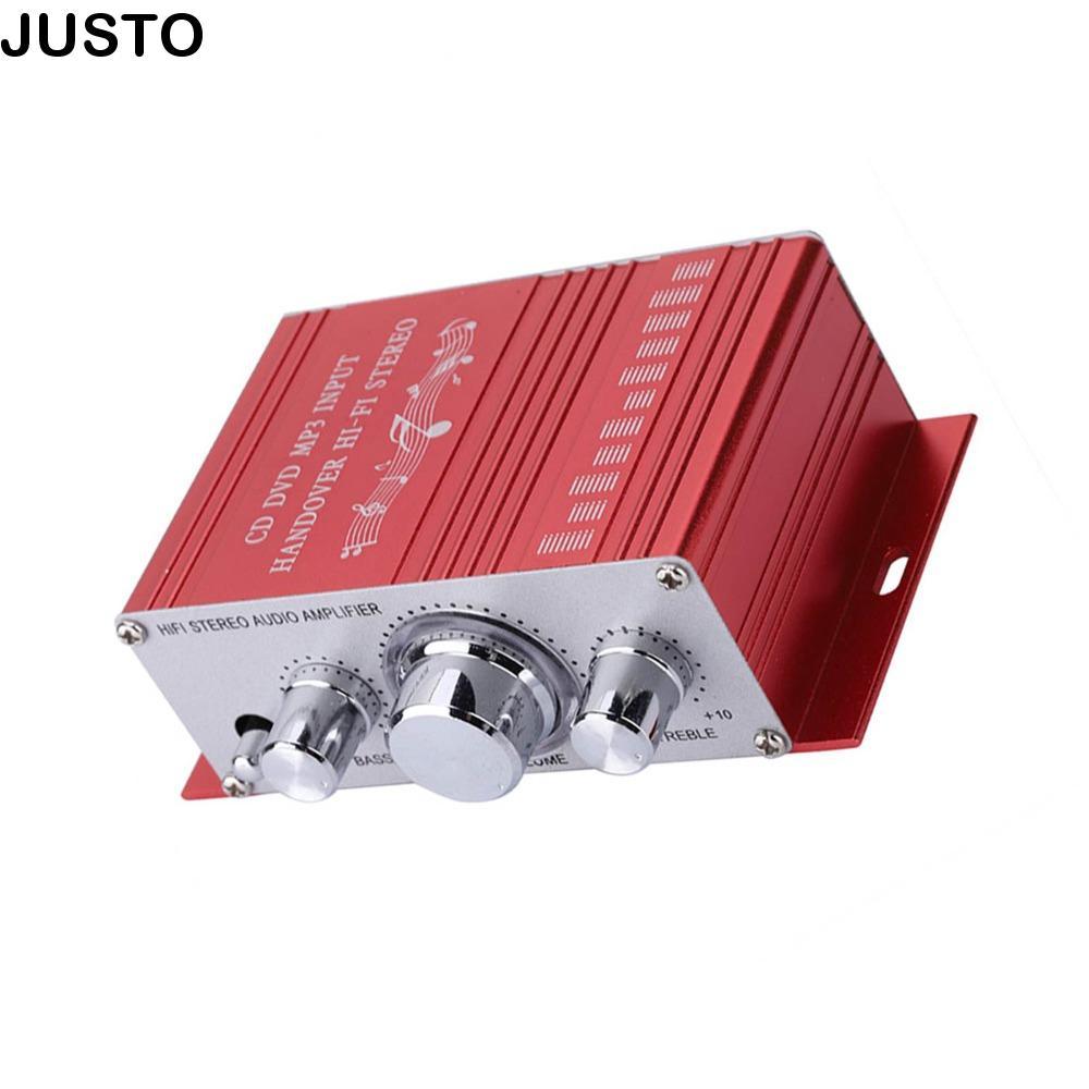 JUSTO Digital Car Amplifier, 2 Channel Stereo Bass Hifi Audio Amplifier, Mini Red 12V Car Stereo Amp