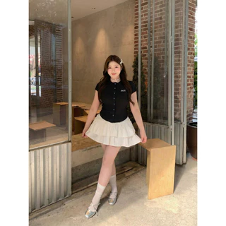 B&R พร้อมส่ง เสื้อยืดแขนสั้นทรงเข้ารูปสำหรับผู้หญิง เสื้อครอปเข้ารูปสำหรับสาวไซส์ใหญ่ ปุ่มกดคลายได้ ขนาด S-2XL